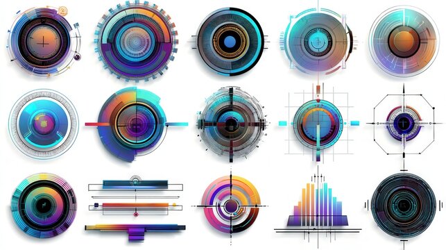 Vibrant set of dynamic graphic symbols and abstract elements in colorful tech style, perfect for modern creative design and digital compositions.
