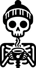 A Skeletal Figure In A Beanie Enjoying A Cup Of Steaming Beverage In Black And White Line Art