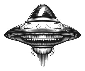 Intricate Engraving of a Classic UFO Illustration in Black and White