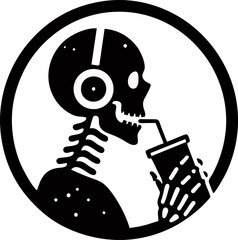 A Skeleton Wearing Headphones And Drinking From A Cup With A Straw In A Circular Frame