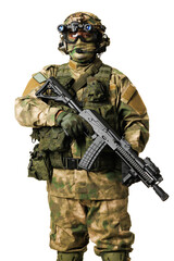 Military personnel equipped with tactical gear and holding a firearm