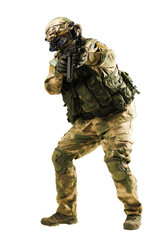 Armed soldier in camouflage with protective gear and tactical equipment aiming a weapon