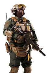 Equipped Soldier in Tactical Gear Holding Rifle for Combat Preparation