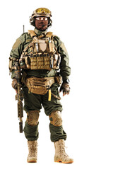 Heavily armed soldier in tactical gear holding a rifle and standing against a white background