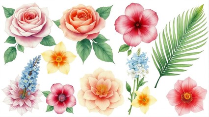 Set of beautiful flowers, roses, ranunculus, hibiscus, leaves, hyacinth, chrysanthemum, palm leaf on an isolated white background. Watercolor painting hand drawing, botanical illustration 