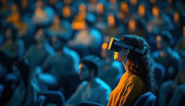 Woman Experiencing Virtual Reality at Conference for Innovative Business Technology Future