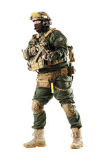 Tactical Soldier in Full Gear Holding Military Weapon Isolated on White Background