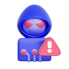 3D icon of a hooded hacker and alert symbol, representing unauthorized access and cyberattacks.