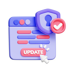 3D icon of a browser window with update buttons, representing security patch installation and system maintenance.