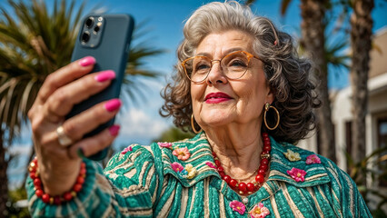 Fototapeta premium old fancy woman with wrinkles at skin with bright makeup make selfie with smartphone