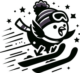 Stylized Illustration Of A Bird Skiing Downhill With Speed Lines And A Winter Hat And Goggles On