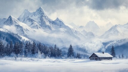 A serene winter landscape featuring a quaint log cabin nestled within a snowy field, surrounded by majestic snow-capped mountains and dense evergreen forests. The sky, painted in soft shades of gray a