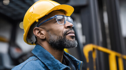 Side view of smiling black man wearing yellow hard hat and safety glasses, dressed in blue collar work jacket, showing confidence and focus in industrial setting