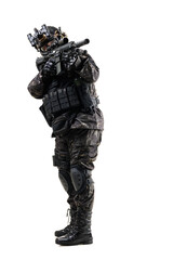Special Forces Operator in Full Tactical Gear Aiming Rifle on White Background