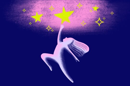 A silhouette of a girl reaching out to the stars