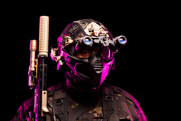 Tactical soldier equipped with advanced combat gear and futuristic night vision goggles