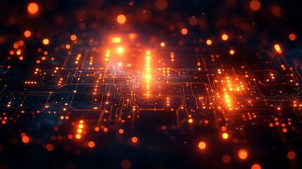 Fototapeta premium Illuminated circuit board orange bokeh effect