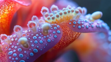 A vibrant close-up of a brightly colored marine organism, showcasing intricate textures and patterns. The image highlights various hues of pink, blue, and orange, emphasizing the unique shapes and det