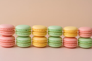 Obraz premium Pastel-colored macarons in pink, yellow, and green stacked in rows