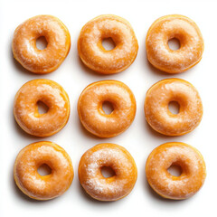 Glazed doughnut arranged in grid on white background, showing shiny, sweet coating that makes them look delicious and fresh for tasty treat