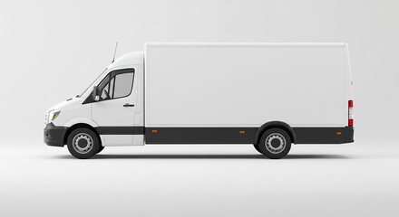 Side view of a white delivery van with black trim on a white background in a studio setting