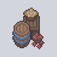 top view crate and barrel goods in pixel art style with isolated background