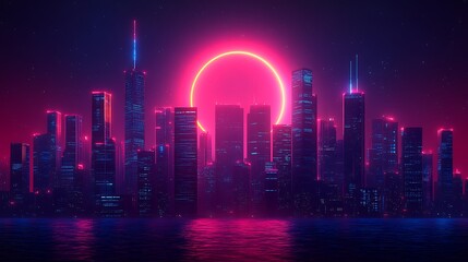 Fototapeta premium Neon city skyline reflecting on water