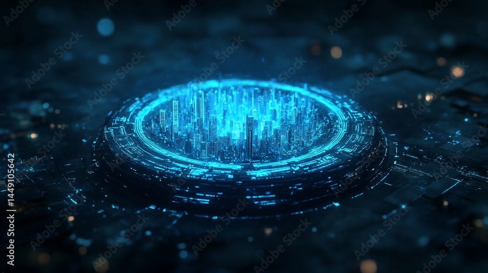 Poster futuristic glowing city inside digital structure with circuit board pattern and lights