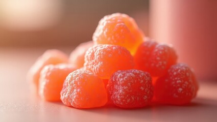 Lychee Gummies. Orange sugar-coated gumdrops piled close-up, sweet can