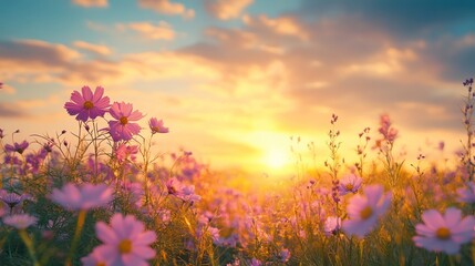 Naklejka premium Enchanting floral landscape at sunrise, capturing the essence of nature's tranquility