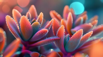 A close-up view of colorful succulent plants adorned with glistening water droplets. The vibrant leaves of the succulents exhibit a gradient of colors ranging from pink to blue, creating a dreamy, eth