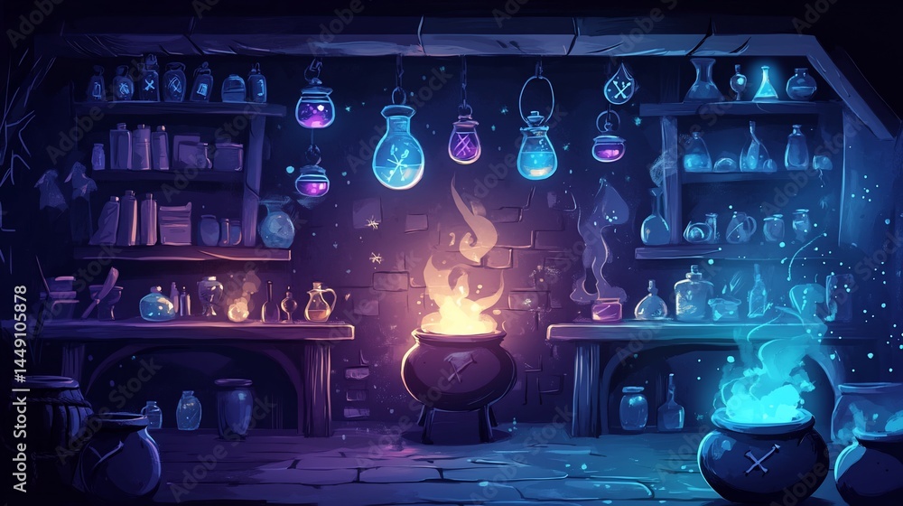 Poster mystical alchemist's workshop with glowing potions and firelight scene in dark setting