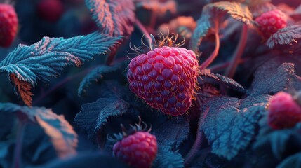 Close-up view of ripe raspberries nestled among dark green leaves, illuminated by soft, warm light. The berries display vibrant red hues and intricate details, with fine hairs and droplets of dew, sur