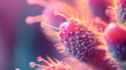 Close-up macro photograph of vibrant, colorful plant buds featuring intricate details and textures. The image showcases a soft focus with a blend of pink, purple, and green hues, emphasizing the organ