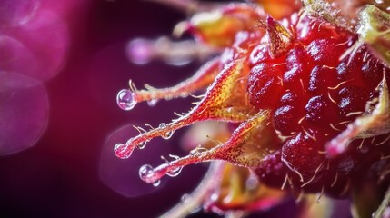 Close-up macro photograph of a vibrant raspberry exhibiting intricate details, including glistening droplets of water perched delicately on its surface. The background features a soft blend of purples