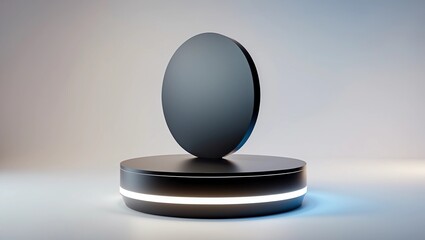 Black Pedestal of platform display with neon modern stand podium on white room background. Blank Exhibition stage backdrop or empty product shelf. 3D rendering