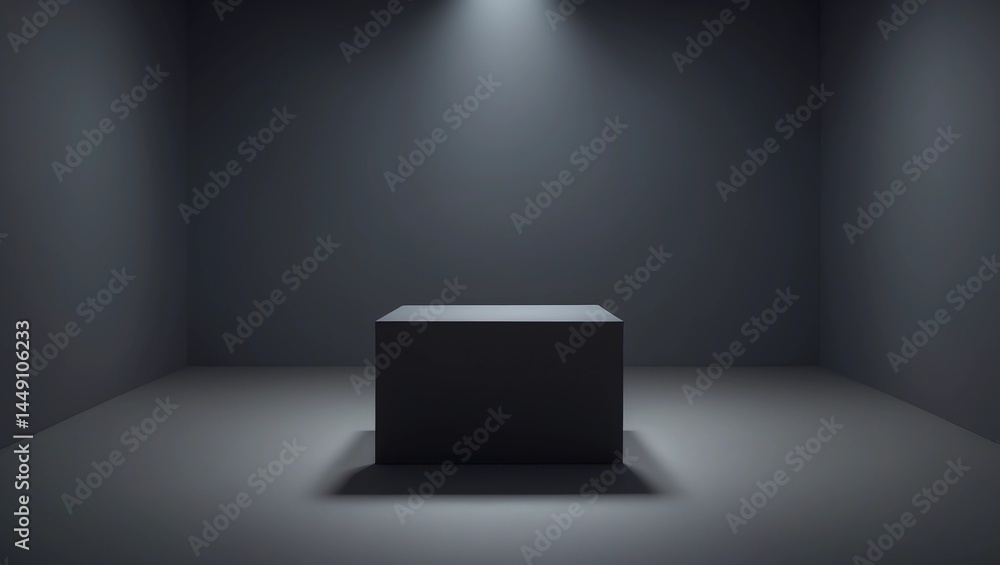 Poster black podium or pedestal display on dark background with long platform. blank product shelf standing
