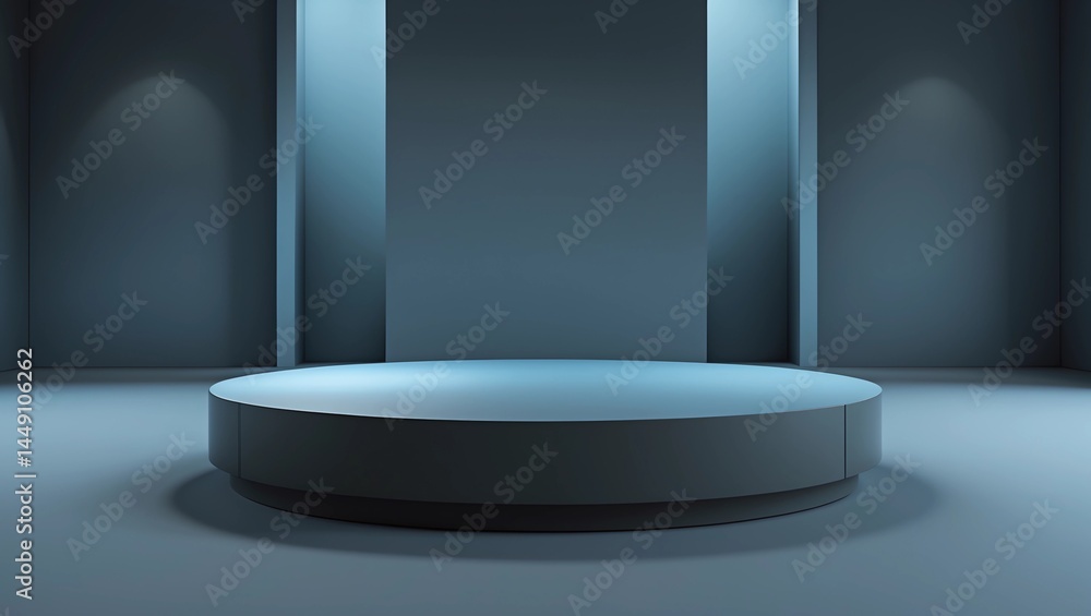 Poster black product display stand or podium pedestal on advertising counter background with blank backdrop