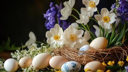 A beautifully arranged still life composition featuring a nest adorned with decorative eggs of various colors and patterns, surrounded by an assortment of fresh flowers including daffodils and hyacint