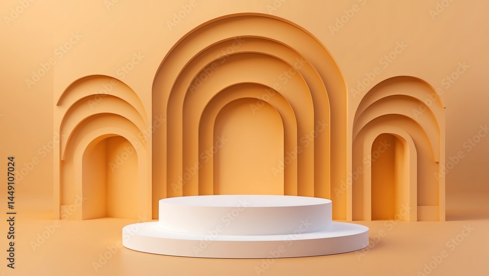 Poster abstract pedestal of platform display with modern stand podium on yellow room background. blank exhi