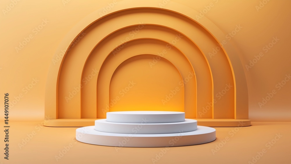 Poster abstract pedestal of platform display with modern stand podium on yellow room background. blank exhi