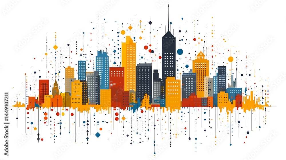Poster abstract colorful cityscape with data streams
