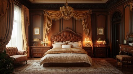Luxurious bedroom with dark wood paneling, ornate bed, and golden drapes