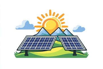 Solar panels, mountain landscape, sunny day, clean energy
