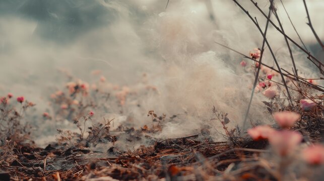 Serene close-up of delicate pink flowers emerging from charred ground, enveloped in soft wisps of smoke, evoking a contrast between beauty and destruction, suggesting renewal amidst adversity.