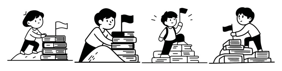 Monoline Doodle Coloring Page of Children Climbing Piles of Books