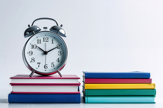 School books and alarm clock for morning back to school concept