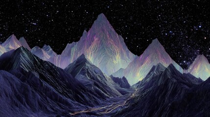 A mesmerizing digital landscape depicting towering mountains with intricate, vibrant line patterns, illuminated against a starry night sky. The mountains appear almost ethereal, with cascading colors 
