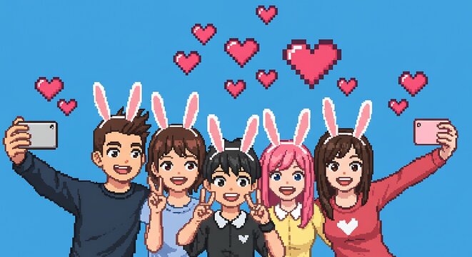 Pixel Art Group Selfie with Bunny Ears and Love Hearts