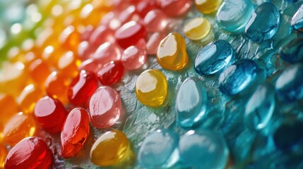 A close-up view of vibrant, colorful resin beads arranged in a gradient pattern showcasing a spectrum of colors, including red, orange, yellow, green, blue, and clear. The beads display a glossy finis